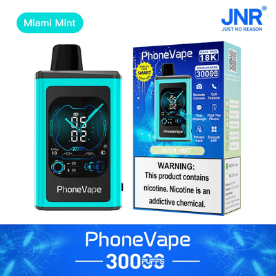 Appareil Blue PhoneVape avec affichage numérique présenté à côté de son emballage, avec la saveur « Miami Mint » et des avertissements sur la teneur en nicotine.