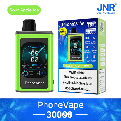 Emballage et présentation du produit d'un PhoneVape au goût « Sour Apple Ice » avec des caractéristiques mises en évidence et une étiquette d'avertissement sur la nicotine.