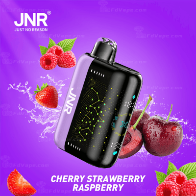 Um dispositivo vape JNR é exibido em um fundo roxo com imagens de framboesas, morangos e cerejas. O texto diz "Cherry Strawberry Raspberry".