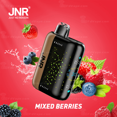 Dispositivo de vaporização JNR com sabor de frutas vermelhas, cercado por morangos, framboesas, mirtilos e amoras em um fundo vermelho.