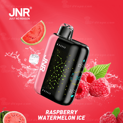 Um dispositivo de vaporização JNR com imagens de framboesa, melancia e gelo em um fundo vermelho, rotulado "Raspberry Watermelon Ice".