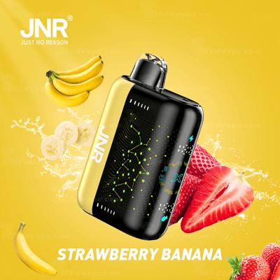 Dispositivo de vaporização JNR com ilustrações de morango e banana, rotulado "Morango e Banana" em um fundo amarelo.
