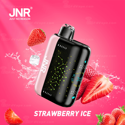 Um dispositivo de vaporização com a marca "JNR" e o sabor "Strawberry Ice", cercado por morangos, gelo e líquido espirrando em um fundo rosa.