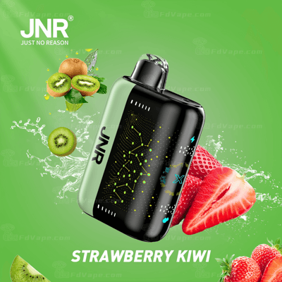 Um dispositivo de vaporização rotulado como "JNR" com sabor de morango e kiwi, cercado por imagens de morangos e kiwis, em um fundo verde.