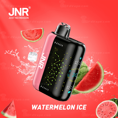 Dispositivo de vaporização com tema de sabor de melancia gelada, com fundo vermelho vibrante com fatias de melancia e cubos de gelo.