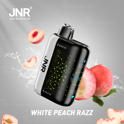 Dispositivo de vaporização JNR com sabor "White Peach Razz", com imagens de pêssegos e efeitos de respingos.