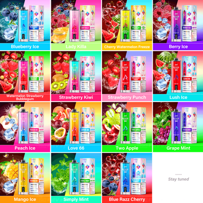 Een verscheidenheid aan kleurrijke vape-producten met afbeeldingen van fruit en smaaklabels, zoals Blueberry Ice, Lady Killa, Cherry Watermelon Freeze en meer.