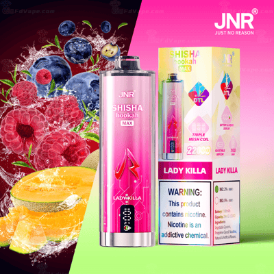 JNR Shisha Hookah Max vape-product met fruitsmaken en verpakking.