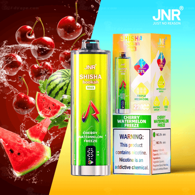 JNR Shisha Hookah Max vape-apparaat en verpakking, met de smaak Cherry Watermelon Freeze en afbeeldingen van kersen en watermeloen.