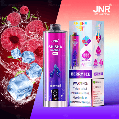 Een elektronisch waterpijpapparaat met de smaak "Berry Ice" en een verpakking met afbeeldingen van frambozen en ijsblokjes.