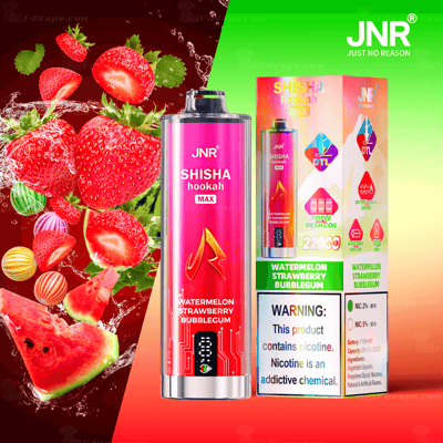 Een kleurrijke verpakking voor een dampproduct met aardbeien, watermeloen en kauwgom, met de merknaam "JNR Shisha Hookah Max" en een nicotinewaarschuwingslabel.