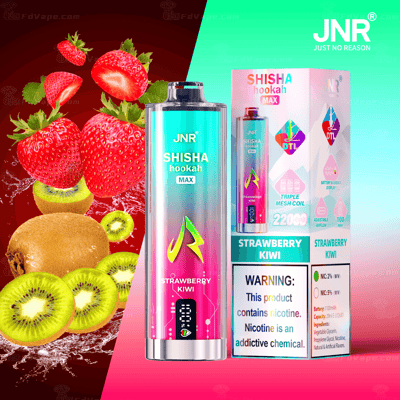 JNR Shisha Hookah Max vape met aardbei-kiwi-smaak in een verpakking met aardbeien en kiwi's.