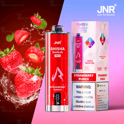 JNR Shisha hookah MAX in de smaak Strawberry Punch, met afbeeldingen van aardbeien en spetters, naast de productverpakking met kenmerken en een nicotinewaarschuwing.