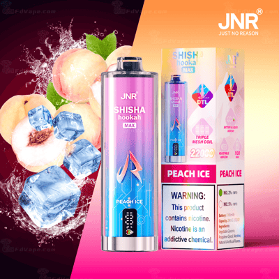 JNR Shisha Hookah Max Peach Ice vape-product met verpakking, met afbeeldingen van perziken en ijsblokjes, en een nicotinewaarschuwingslabel.