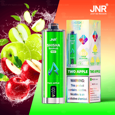 Een groen JNR Shisha Hookah Max vape-apparaat met de merknaam "Two Apple" naast een verpakking met productdetails en afbeeldingen van groene en rode appels.
