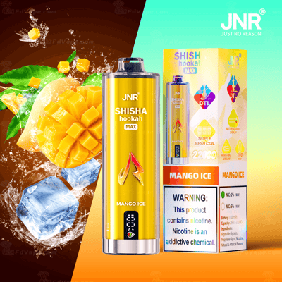 JNR Shisha Hookah Max Mango Ice vape-verpakking met een mango- en ijsblokjesontwerp.