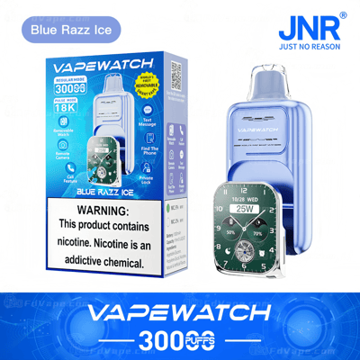 Blue vape device with smart watch features and packaging, labeled "Vapewatch Blue Razz Ice" with a warning about nicotine.