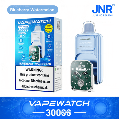 Packaging and device of a "Vapewatch" in Blueberry Watermelon flavor, featuring a removable vape pod with a digital watch interface.