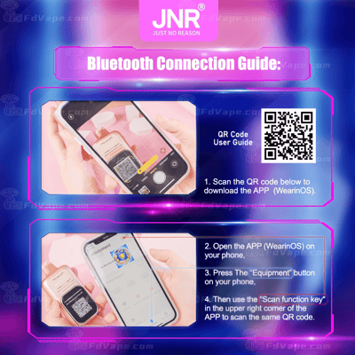 Bluetooth connection guide for JNR, showing steps to connect using a QR code and the WearinOS app, with associated images and QR code.