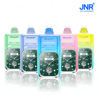 Colorful vape devices with a digital watch face design, labeled "VAPEWATCH," in green, blue, pink, and yellow.