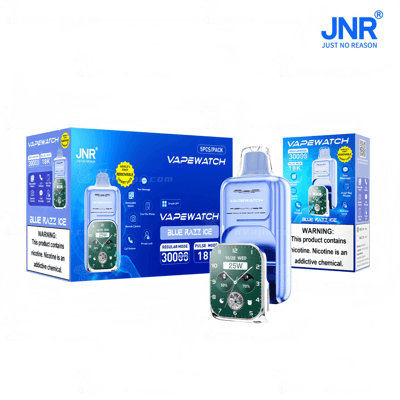 Image of a vape product package labeled "Vapewatch" by JNR, featuring a watch design with nicotine warnings.