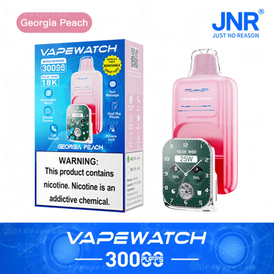"VAPEWATCH" Georgia Peach flavor product packaging featuring a pink removable smart vape with watch face display and a nicotine warning label.