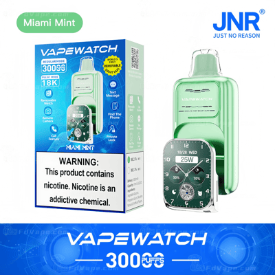 Packaging and product display of a green VapeWatch with Miami Mint flavor, featuring a watch interface and various features like a remote camera, text messaging, and private lock.