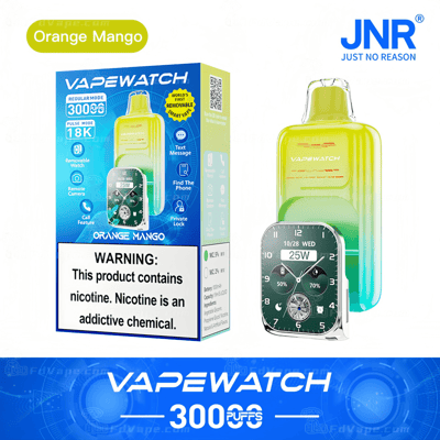 Packaging and device of VAPEWATCH Orange Mango flavor displaying watch features and nicotine warning.