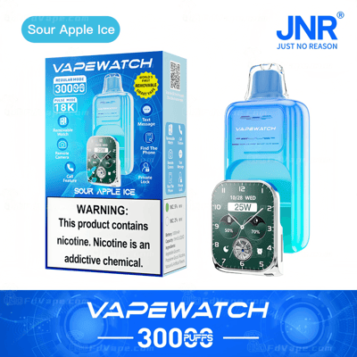 A VAPEWATCH product package featuring Sour Apple Ice flavor, showing a watch-style vape device with a digital display. Text warns that the product contains nicotine, an addictive chemical.