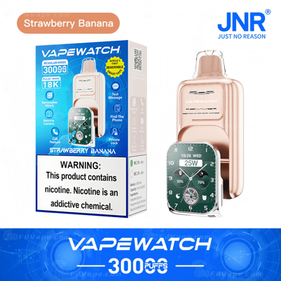 Alt text: Packaging of VAPEWATCH Strawberry Banana flavor with a removable smart vape device and watch. Warning label about nicotine content.