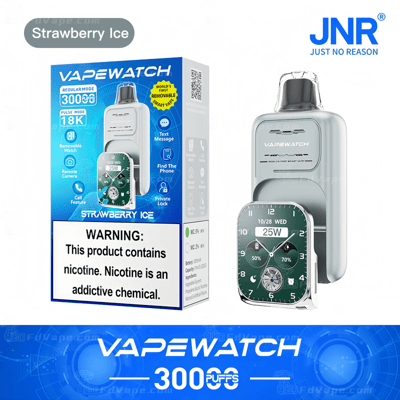 VapeWatch packaging with a nicotine warning and detachable smartwatch feature, branded as Strawberry Ice by JNR.