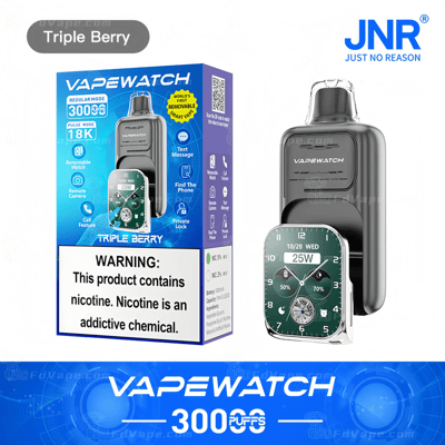 Packaging and device of a "Vapewatch" showing features like Triple Berry flavor, 3000 puffs, and removable smartwatch functionality. Warning label indicates nicotine content.