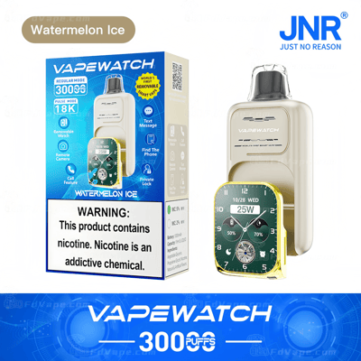 "VapeWatch" product packaging featuring a cream-colored vape device with a digital watch interface, labeled "Watermelon Ice," offering 3000 puffs, and a nicotine warning label.
