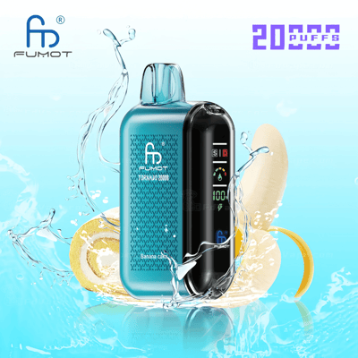 Un dispositivo elettronico Fumot con involucro blu e display digitale, circondato da spruzzi d'acqua e fette di banana, con la scritta "20000 puffs".