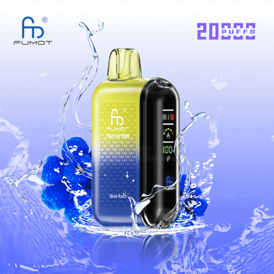 Dispositivo per svapare con un design sfumato giallo-blu, circondato da spruzzi d'acqua e lamponi blu, dotato di uno schermo digitale e del testo "20000 puff".
