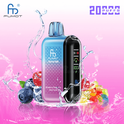 Un dispositivo per svapare con un design sfumato blu e rosa, circondato da frutta e caramelle, con schizzi d'acqua e la scritta "20000 puffs" sullo sfondo.