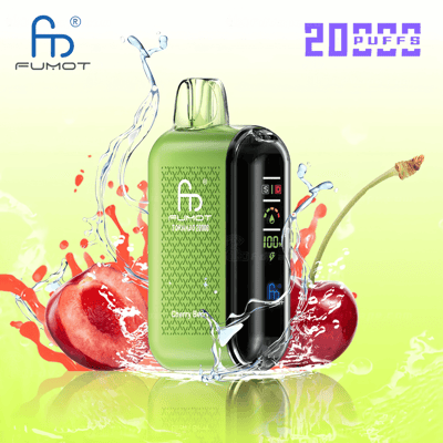 Sigaretta elettronica Green Fumot con aroma di ciliegia che spruzza nell'acqua e consente 20.000 boccate.