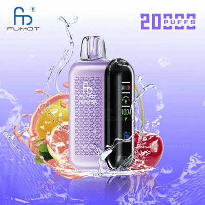 Dispositivo per svapare FUMOT con corpo color lavanda e display digitale nero che mostra la percentuale della batteria, il numero di tiri e gli indicatori; circondato da schizzi d'acqua e illustrazioni di frutta con la scritta "20.000 TUFFS".