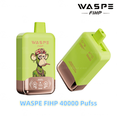 Ein grün- und kupferfarbenes Vape-Gerät mit der Aufschrift „WASPE FIHP 40000 Puffs“ mit einem Cartoon-Affen-Design und einer Anzeige zur Auswahl von zwei Geschmacksrichtungen.