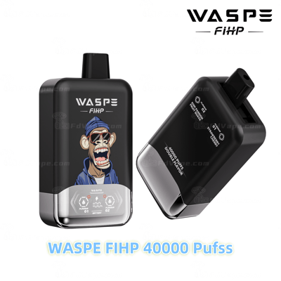 Ein schwarzes WASPE FIHP-Einweg-Vaporizer mit der Illustration eines Affen-Cartoons, zwei Geschmacksoptionen und der Aufschrift „40000 Puffs“.