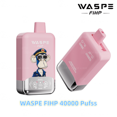 Rosa WASPE FIHP-Vaping-Gerät mit einem Zeichentrickaffen in Pilotenuniform, mit digitaler Anzeige, Option für zwei Aromen und dem Schriftzug „40000 Züge“.