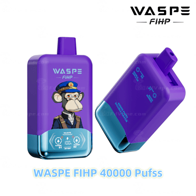 Lila-blaues WASPE FIHP-Vaping-Gerät mit einem Zeichentrickaffen in Kapitänsuniform und der Aufschrift „40000 Puffs“ mit digitalen Geschmacksanzeigen und dualem Luftstromsystem.