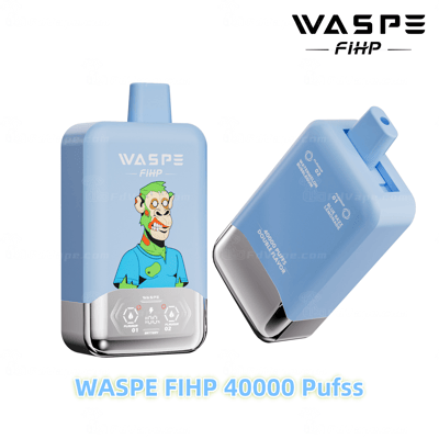 Blaues Einweg-Vaporizer mit der Aufschrift „WASPE FIHP 40000 Puffs“, einem Cartoon-Figuren-Design und einer doppelten Geschmacksanzeige.