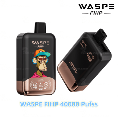 Ein rechteckiges Dampfgerät in Schwarz und Gold mit der Aufschrift „WASPE FIHP“ mit einem Affen-Cartoon und dem Text „40000 Puffs“ und „Double Flavor“.