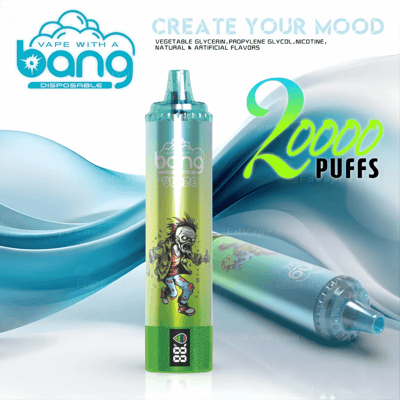 A disposable vape pen labeled "Bang" featuring 20,000 puffs, with colorful packaging and a zombie cartoon character design.