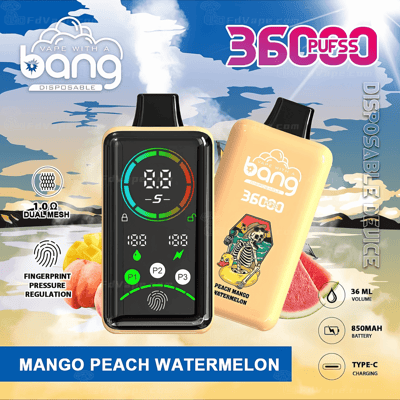 Appareil de vapotage jetable avec marque « Bang », capacité de 36 000 bouffées, saveur mangue pêche pastèque, régulation de la pression par empreinte digitale, double maille de 1,0 Ω, volume de 36 ml, batterie de 850 mAh et chargement de type C.