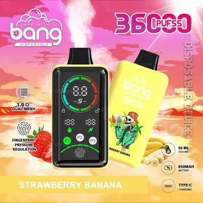 Un graphique coloré représentant un appareil à vapotage et son emballage, étiqueté « Strawberry Banana ». L'appareil affiche un écran numérique affichant des informations sur la batterie et les bouffées, avec des icônes supplémentaires indiquant des fonctionnalités telles que la double maille et la régulation de la pression par empreinte digitale. Des illustrations de fraises et de bananes sont présentées en arrière-plan, sur fond de ciel rose et orange vif. Le texte met en évidence « 36000 PUFFS » et précise des détails tels qu'un volume de 36 ml, une batterie de 850 mAh et une charge de type C.