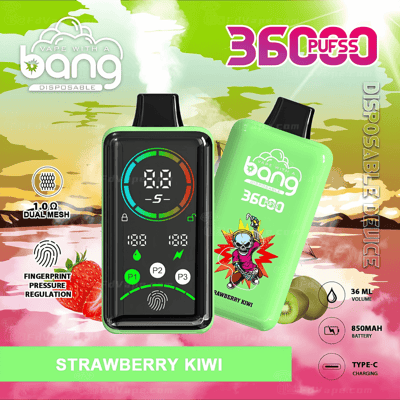 Un appareil de vapotage numérique avec un écran noir indiquant la batterie et le nombre de bouffées, à côté d'une vape jetable vert vif étiquetée « Strawberry Kiwi ». L'arrière-plan présente un paysage coloré et ensoleillé avec des fraises et des kiwis.