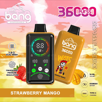 Un appareil de vapotage coloré avec 36 000 bouffées, saveur fraise mangue, capacité de 36 ml, batterie 850 mAh, chargement de type C, régulation de la pression par empreinte digitale et une bobine à double maille de 1,0 Ω.