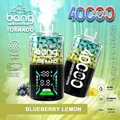 Bang Tornado wegwerp-vape met de smaak "Blueberry Lemon", 40.000 trekjes, drievoudige mesh-coil, instelbaar vermogen, 40 ml volume, 850 mAh-batterij en Type-C-opladen, met een levendig groen en geel ontwerp.